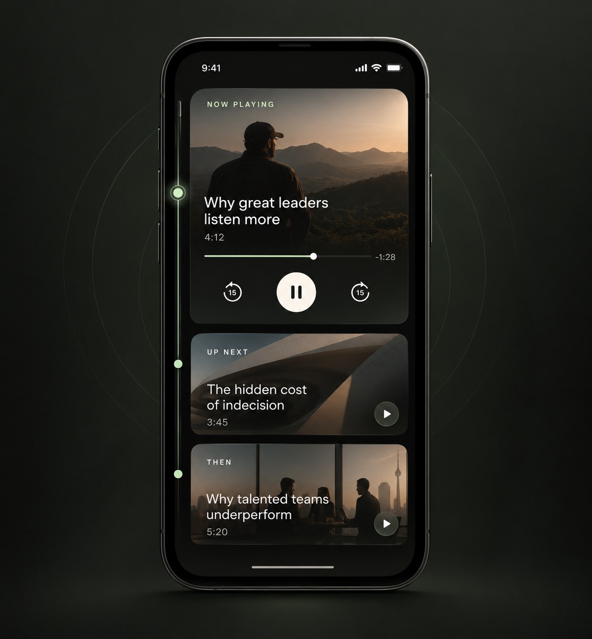 Lisso on a phone: Why great leaders listen more is now playing, with The hidden cost of indecision up next and Why talented teams underperform after it, joined by a timeline